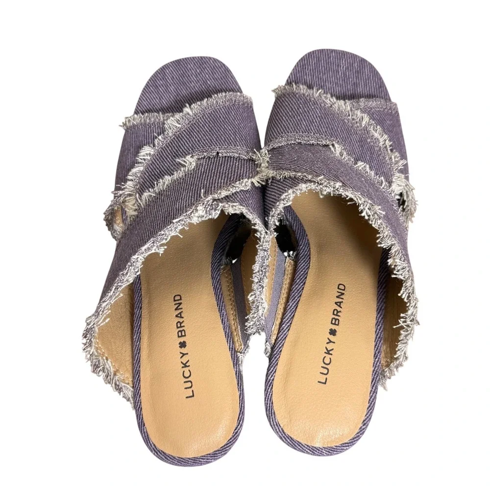 NWOT Lucky Brand Purple Denim Frayed Espadrille Wedge Sandals Womens Size 6.5 M‎